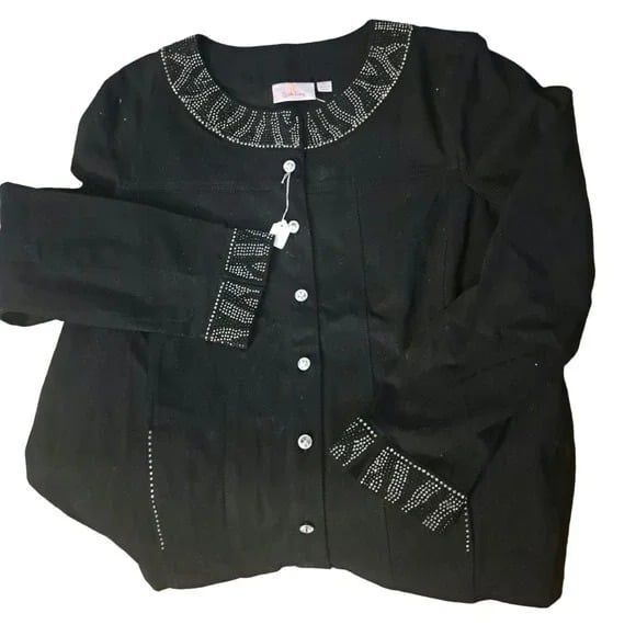 SALE! NWT- SASSY Quacker Factory Black Denim Jacket, Rhinestone Embellishment XL - Picture 7 of 10